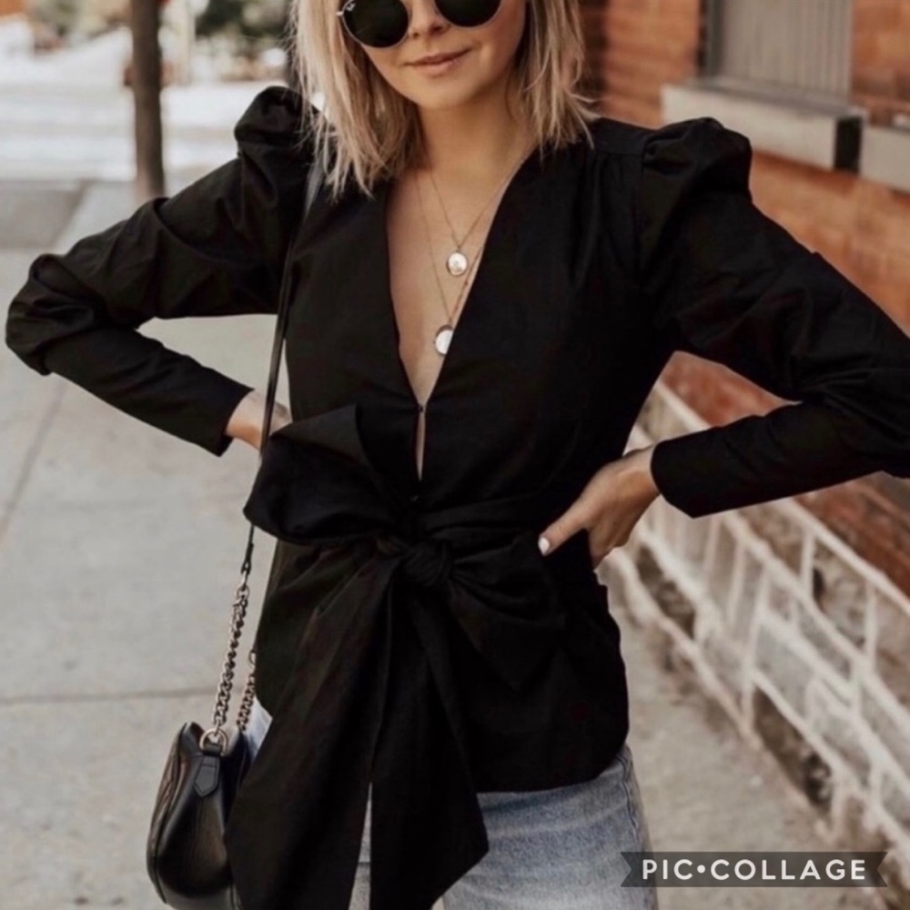 NWT Bloggers Favorite Zara Poplin Tie Detail & Puff Sleeve Blouse